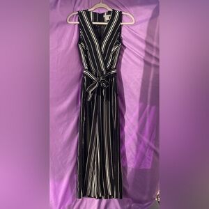 H&M Black and White Striped V-Neck Jumpsuit with Attached Belt Size 2